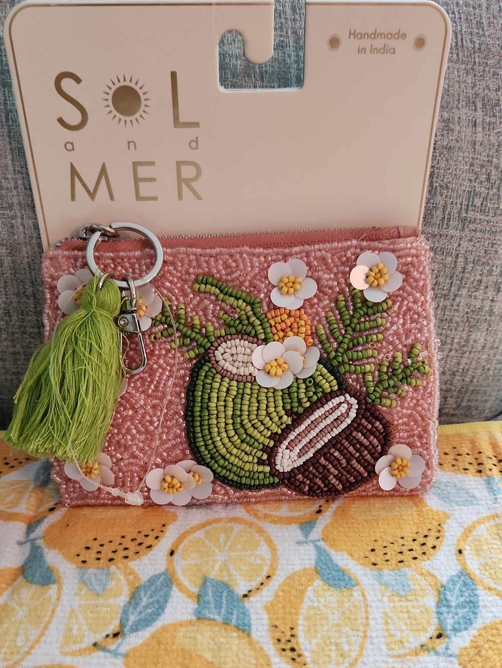 Sol and Mer Pink Beaded Coin Pouch with Green Tassel Keyring